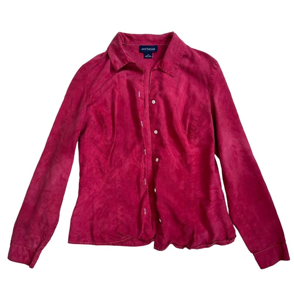Ann Taylor Sz 4 100% Silk Red Hand Dyed Button Down Blouse Shirt Collared